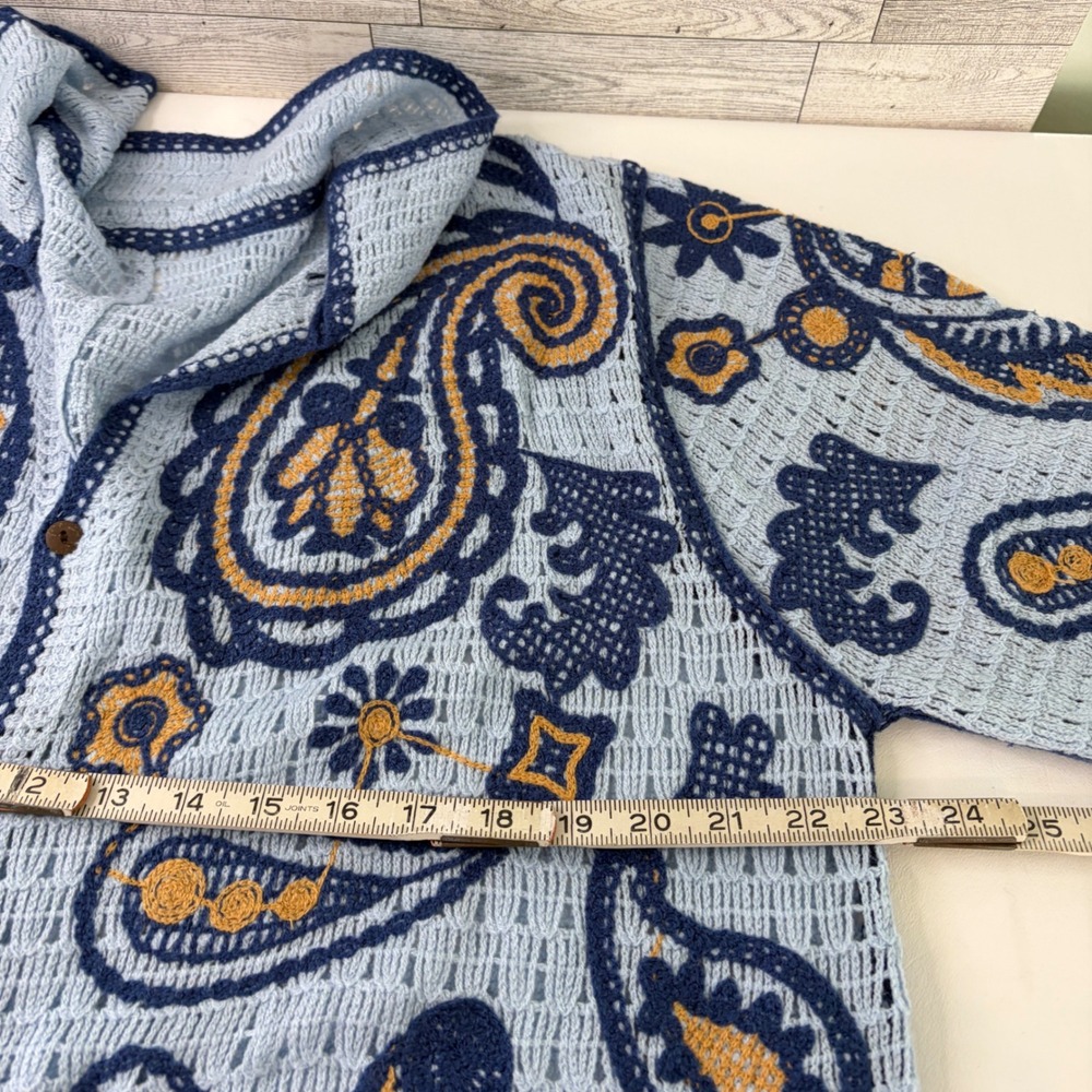 Manfinity Button Down Shirt Mens XL Blue Paisley Crochet Open Knit Short Sleeve - Picture 7 of 8